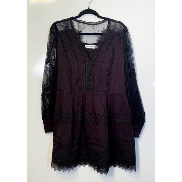 Self-Portrait Black Crochet-Trimmed Crepe De Chine And Lace Mini Dress - Picture 6 of 9